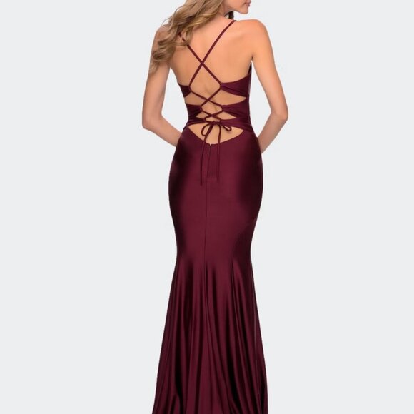 La Femme Dark Berry Strappy Back Knotted Detail Gown - Picture 1 of 5